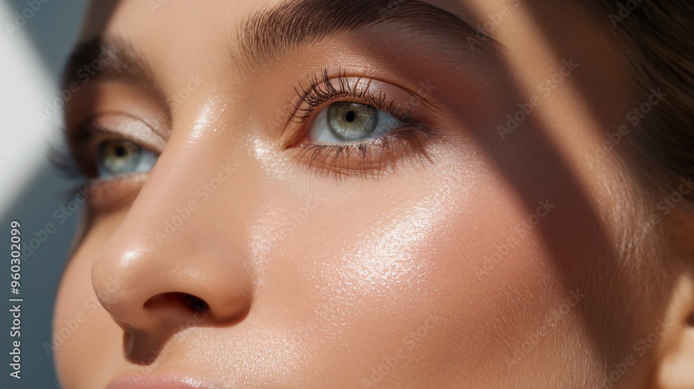 Sun-Kissed Gaze: A close-up beauty portrait of a woman with captivating blue eyes, her flawless skin bathed in warm sunlight and adorned with delicate leaf shadows. Sun-Kissed Gaze: A close-up beauty portrait of a woman with captivating blue eyes, her flawless skin bathed in warm sunlight and adorned with delicate leaf shadows.