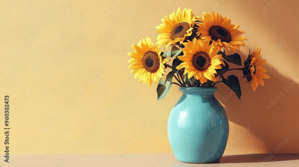 Elegant vase with a glossy blue glaze, holding sunflowers, set against a neutral beige wall background. Elegant vase with a glossy blue glaze, holding sunflowers, set against a neutral beige wall background.