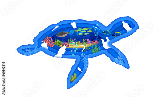 Turtle paper cut silhouette with plastic trash in sea waves. 3d vector frame in shape of tortoise animal with marine life, corals, plants and plastic waste floating within cartoon underwater landscape