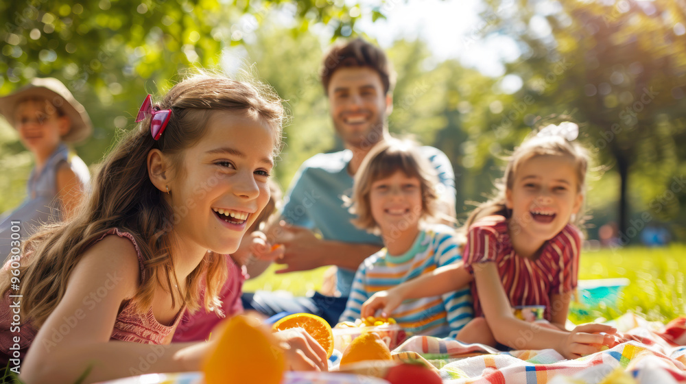 Joyful family picnic in a sunny park, vibrant colors, kids playing and adults laughing, focus on candid moments, using natural light Joyful family picnic in a sunny park, vibrant colors, kids playing and adults laughing, focus on candid moments, using natural light