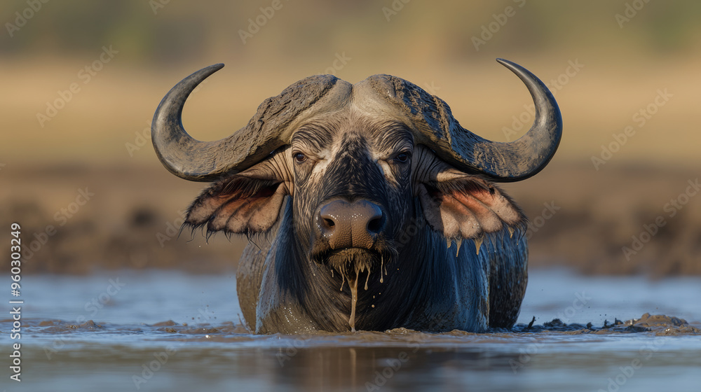 Naklejka premium African Buffalo in Mud: A Close-Up Portrait