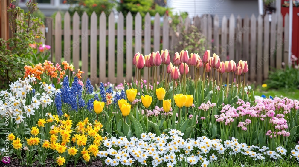 Flower garden in full bloom with a variety of tulips, daffodils, and daisies, with a wooden picket fence in the background Flower garden in full bloom with a variety of tulips, daffodils, and daisies, with a wooden picket fence in the background