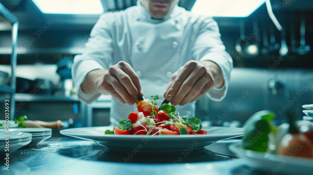 Chef plating a gourmet dish in a professional kitchen.