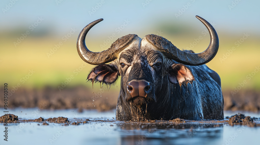 Naklejka premium African Buffalo in a Mud Bath - Portrait of a Wild Animal