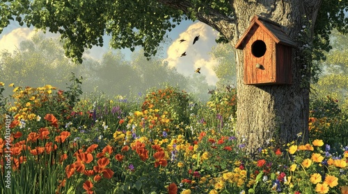 Garden scene with a birdhouse on a tree, chirping birds, and a variety of wildflowers. photo