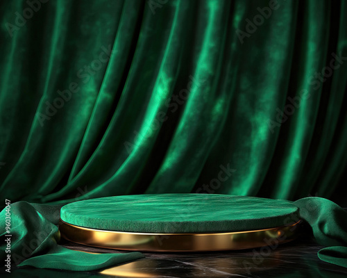 Elegant green velvet backdrop with a luxurious golden display stand for showcasing products or decorations.