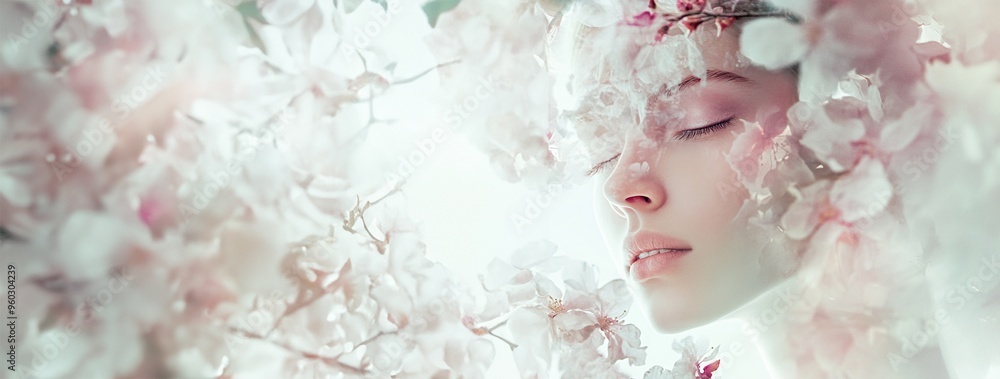 A captivating portrait of a woman s face framed by the delicate ethereal blooms of spring flowers The soft serene expression and the gentle romantic atmosphere create a dreamy enchanting scene A captivating portrait of a woman s face framed by the delicate ethereal blooms of spring flowers The soft serene expression and the gentle romantic atmosphere create a dreamy enchanting scene
