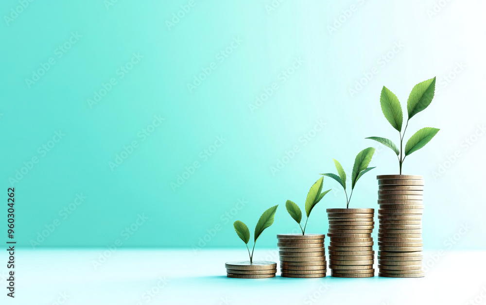 Growing investment concept with coins and plants, symbolizing financial growth and prosperity in a minimalistic style. Growing investment concept with coins and plants, symbolizing financial growth and prosperity in a minimalistic style.
