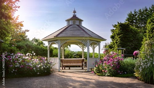 A charming, secluded gazebo nestled in a flower-filled garden, offering a quiet and comfortable place to unwind with a good book.
