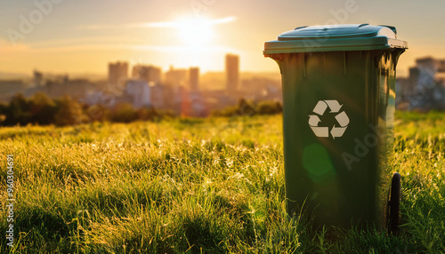 Recycling bin on green meadow, cityscape on background. Sorting waste. Environmental pollution.