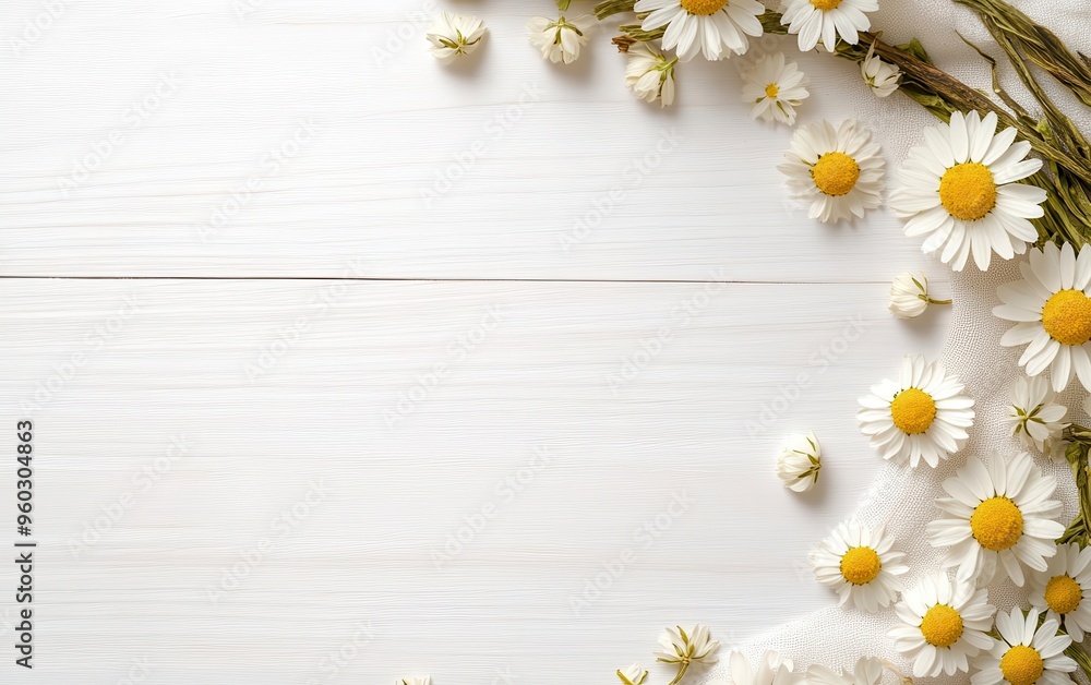Fototapeta premium Dried chamomile flowers arranged in a circle on a linen cloth, with scattered petals, organic herb, herbal relaxation and wellness