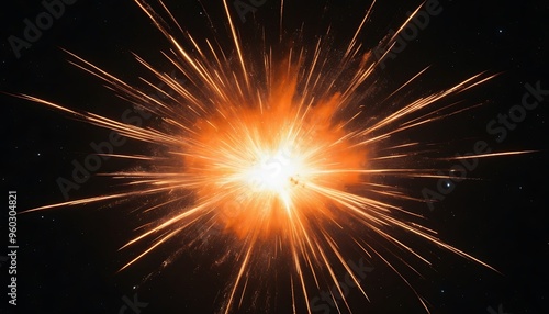 A bright orange explosion in space with lots of sparks.