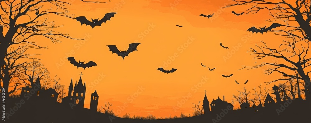 Halloween houses in the woods on an orange background, spooky atmosphere, silhouettes of trees, spooky trees with spider webs Halloween houses in the woods on an orange background, spooky atmosphere, silhouettes of trees, spooky trees with spider webs