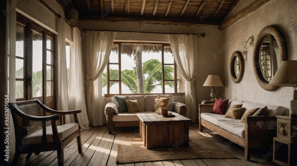 african resort bedroom made with wooden logs and eco-friendly material with tropical sea view african resort bedroom made with wooden logs and eco-friendly material with tropical sea view