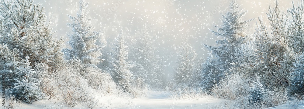 Snow-covered forest landscape during winter showcasing tall evergreen trees and gentle snowfall in a peaceful atmosphere Snow-covered forest landscape during winter showcasing tall evergreen trees and gentle snowfall in a peaceful atmosphere