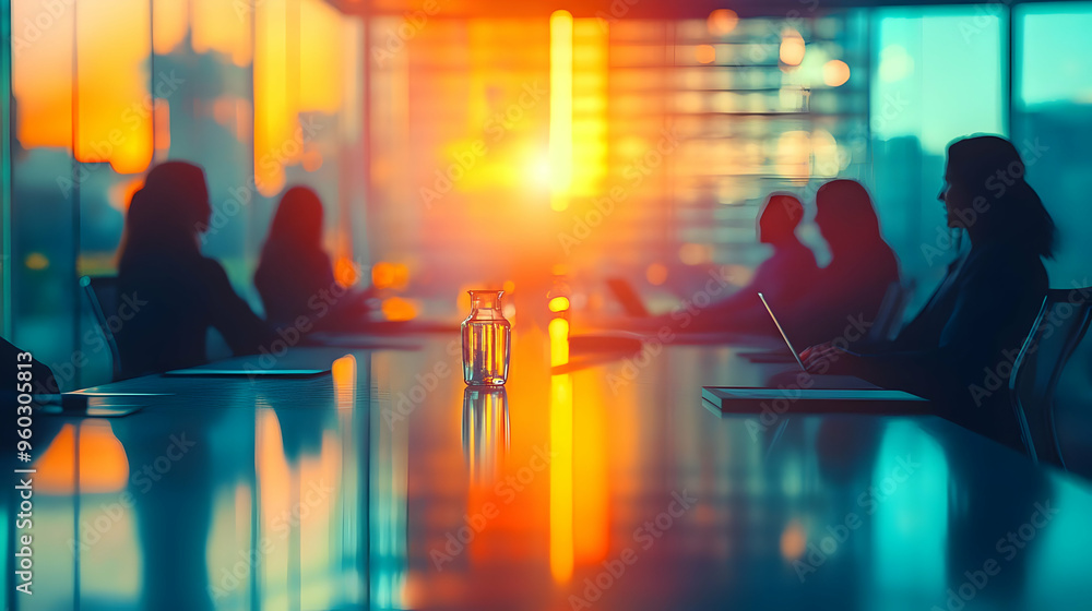 Silhouettes of people in a meeting room during sunset. Silhouettes of people in a meeting room during sunset.