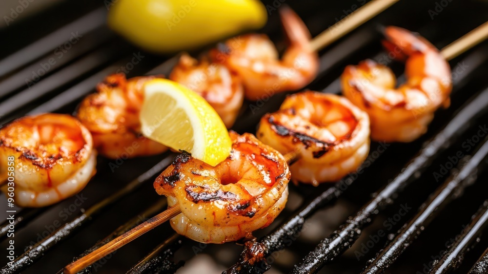 Juicy grilled shrimp skewers with a squeeze of lemon, glistening with marinade, outdoor grill setting Juicy grilled shrimp skewers with a squeeze of lemon, glistening with marinade, outdoor grill setting