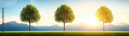 Scenic view of three trees in a lush landscape under a warm sunrise, perfect for nature and tranquility themes.