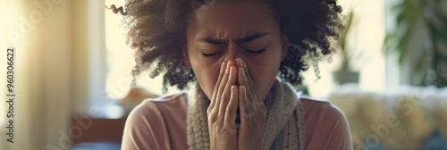 Woman with curly hair covering her face with hands, eyes closed tightly, appearing distressed or in deep emotion in a softly lit home setting. photo