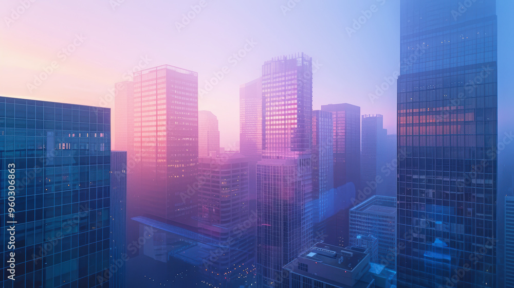 Obraz premium Nighttime city skyline with skyscrapers and urban architecture, featuring a dark blue sky and silhouette of downtown buildings