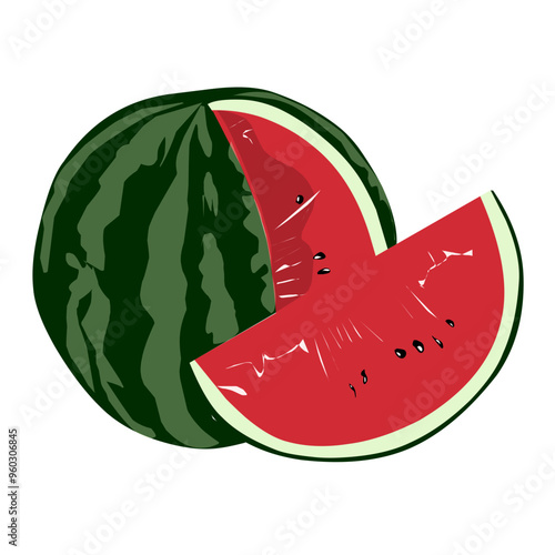 Vector round watermelon fruit with fresh red triangular slices isolated on a white background