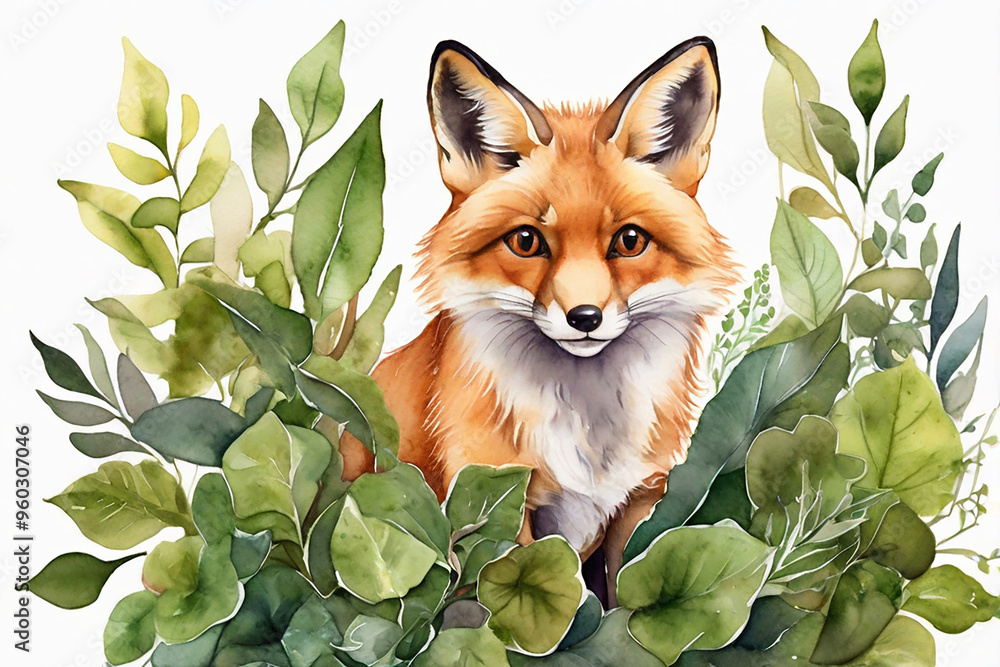Obraz premium Watercolor illustration of a fox on a white background with green leaves.