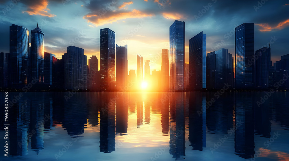 Sunset over a city skyline reflected in water. Sunset over a city skyline reflected in water.