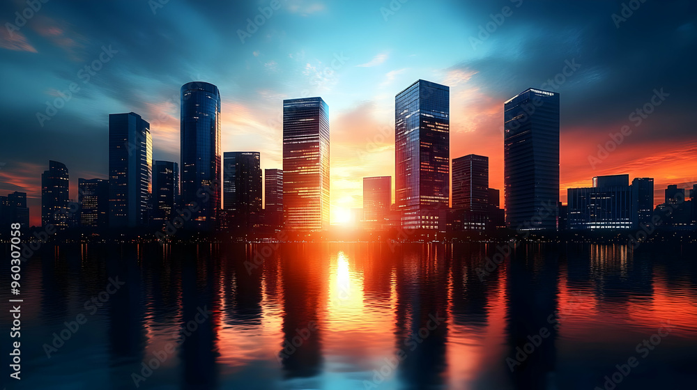 Fototapeta premium Sunset over a city skyline reflecting in water.