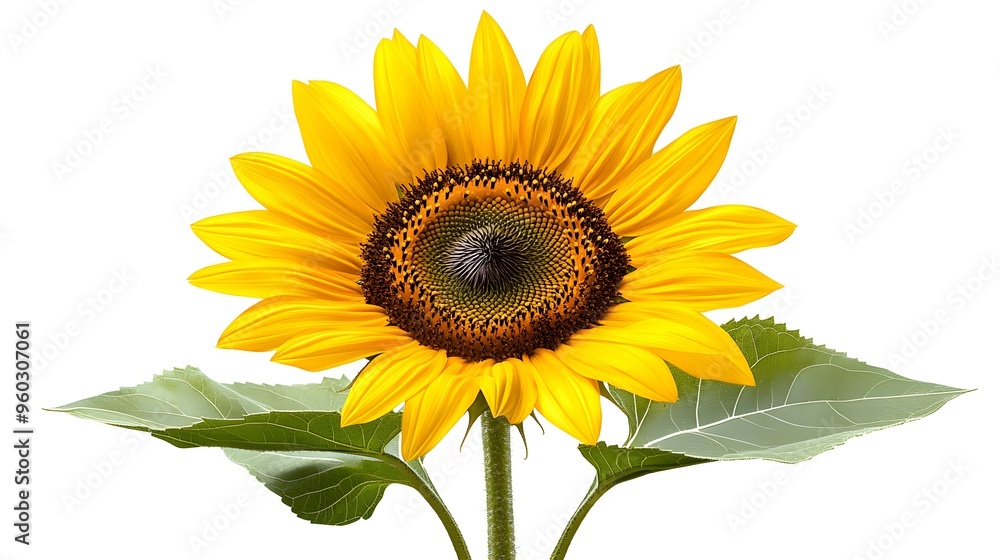 Sunflower with bright yellow petals and dark center, centered against a pure white backdrop, ultra-detailed botanical illustration, clean and cheerful, ideal for print. Sunflower with bright yellow petals and dark center, centered against a pure white backdrop, ultra-detailed botanical illustration, clean and cheerful, ideal for print.
