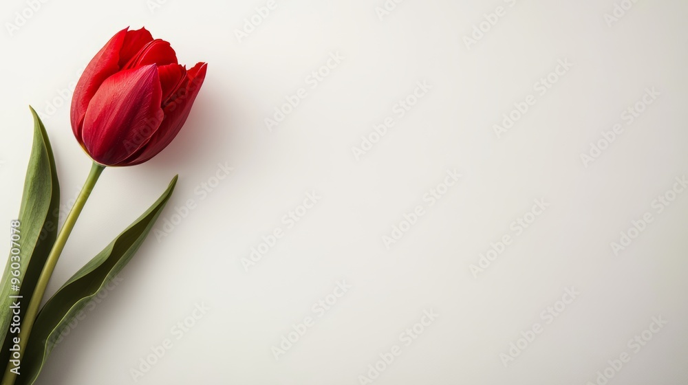 A single red tulip with delicate shadows on a pristine white background, minimalistic, modern design, soft lighting, ample copy space, high-resolution photography. A single red tulip with delicate shadows on a pristine white background, minimalistic, modern design, soft lighting, ample copy space, high-resolution photography.