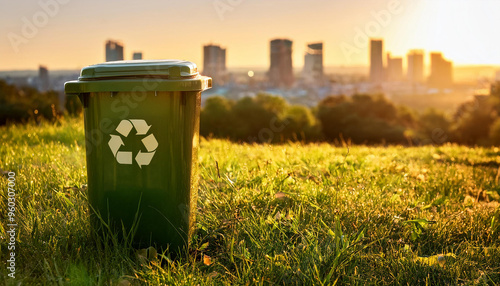 Recycling bin on green meadow, cityscape on background. Sorting waste. Environmental pollution.