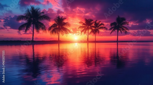 breathtaking sunset over tropical beach silhouette of palm trees vibrant orange and purple sky reflected in calm ocean long exposure effect