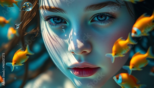 A close-up of a girl underwater with goldfish swimming around her.