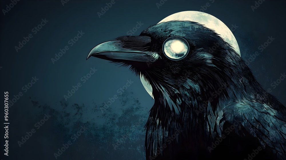 Fototapeta premium Raven's Eye Reflecting the Full Moon on a Midnight Blue Background
