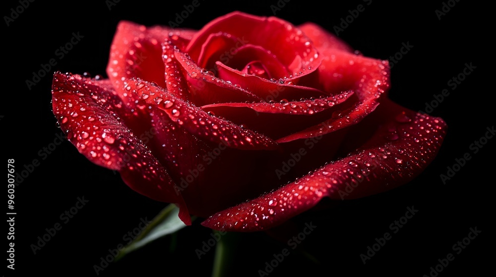High-definition close-up of a red rose with water droplets, black background, vivid crimson petals, hyper-realistic, soft light reflections, creating a romantic, luxurious mood. High-definition close-up of a red rose with water droplets, black background, vivid crimson petals, hyper-realistic, soft light reflections, creating a romantic, luxurious mood.