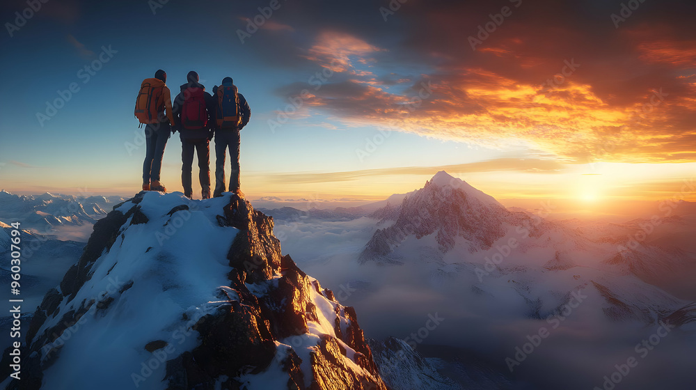 Three hikers admire a stunning mountain sunset view. Three hikers admire a stunning mountain sunset view.