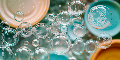 Looking down onto plates in a kitchen sink surrounded by soap bubbles