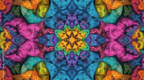 Colorful kaleidoscope fractals, mirrored symmetry, dynamic and intricate abstract design