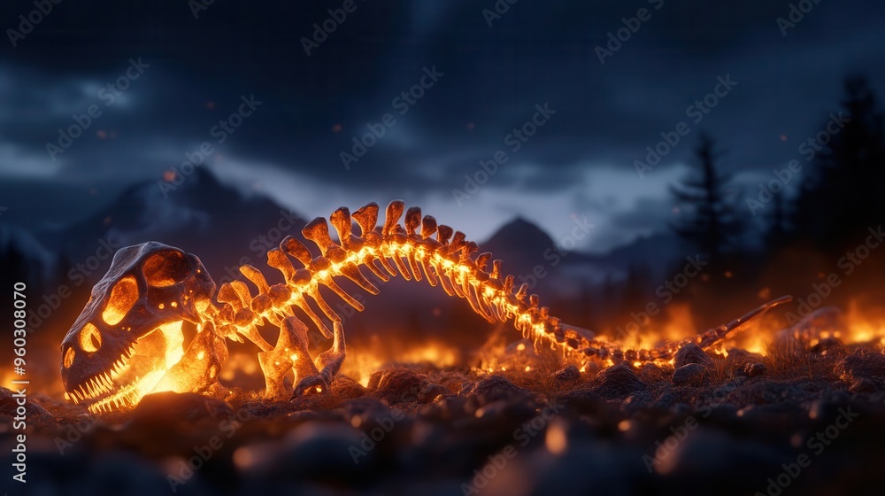 A fiery dinosaur skeleton glows in the ashes. A fiery dinosaur skeleton glows in the ashes.