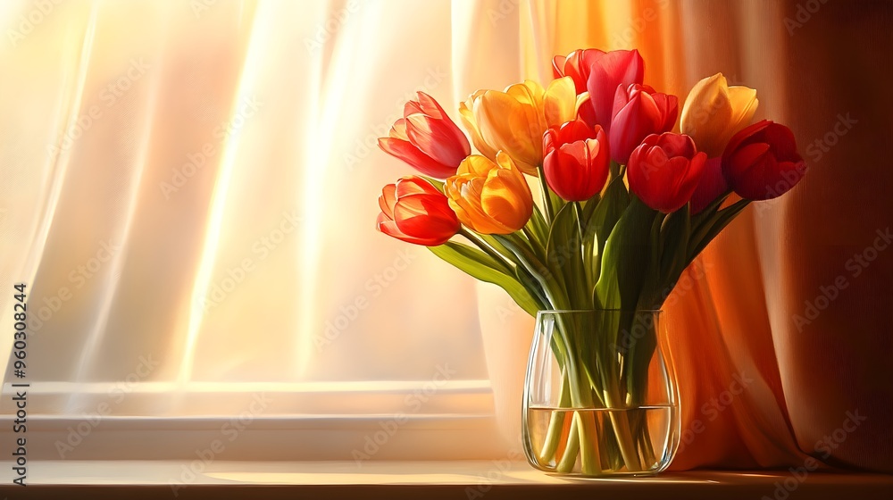 Tulips in a glass vase, bathed in golden hour light on a windowsill, with a soft breeze slightly moving the curtains, creating a tranquil and warm mood, impressionist, warm colors Tulips in a glass vase, bathed in golden hour light on a windowsill, with a soft breeze slightly moving the curtains, creating a tranquil and warm mood, impressionist, warm colors