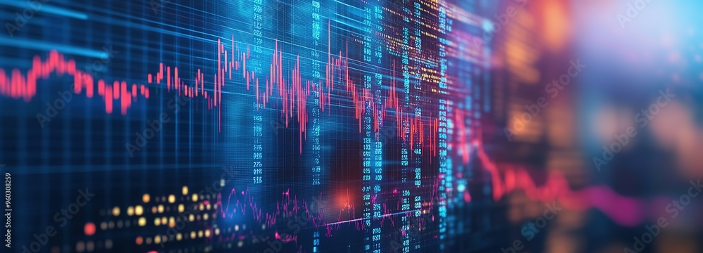 Data visualization representing financial trends and stock market activity in a digital environment with vibrant colors Data visualization representing financial trends and stock market activity in a digital environment with vibrant colors