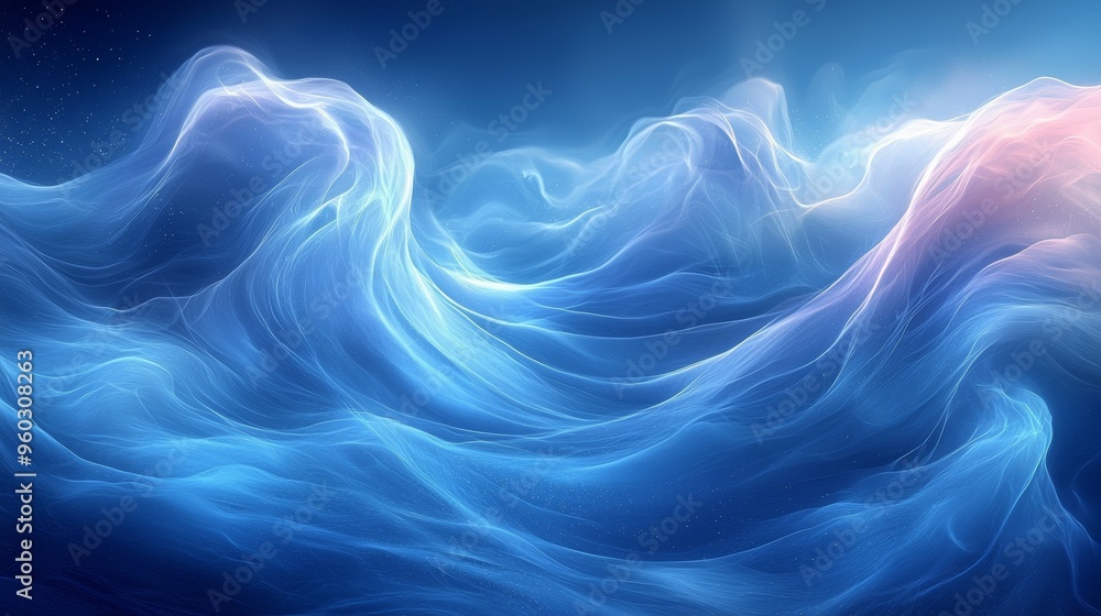 Fototapeta premium Ethereal waves of blue light undulate gracefully under a starry sky in an abstract ocean-inspired artwork