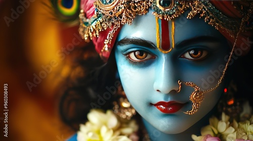 A young woman with vibrant flowers in her hair displays intricate face makeup during a colorful celebration in a festive setting at sunset