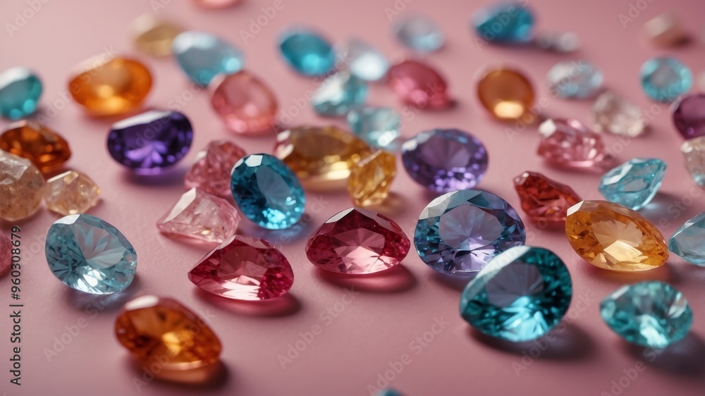 Sparkling pastel gemstones of various shapes on a pink background. Sparkling pastel gemstones of various shapes on a pink background.