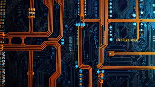 Orange, blue technology background/Orange and blue technology background circuit board and code