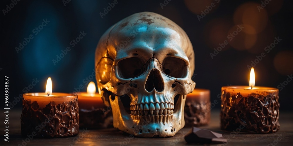 A skull is on a table with a candle and some chocolate. A skull is on a table with a candle and some chocolate.