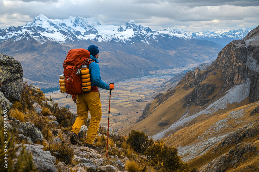 Fototapeta premium A backpacker with an outdoor blue and red hiking bag on their back stands at the top of a mountain, surrounded by rocky terrain and high mountains in the background. 