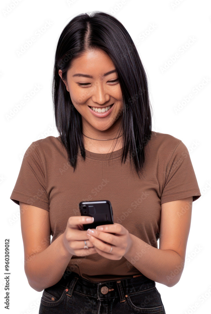 PNG Woman smiling using smartphone PNG Woman smiling using smartphone