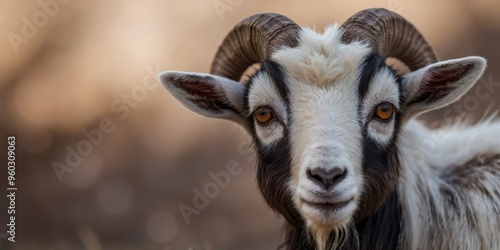 a close up of a small goat with a big horn. photo