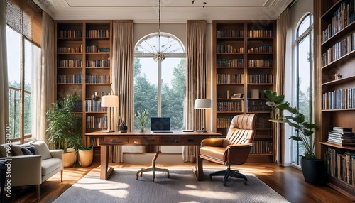 Cozy Home Library with Wooden Desk, Bookshelves, and Armchair